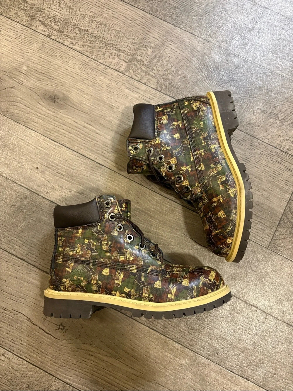 Timberland Kids' Brown and Green Camo Lace-Up Boots